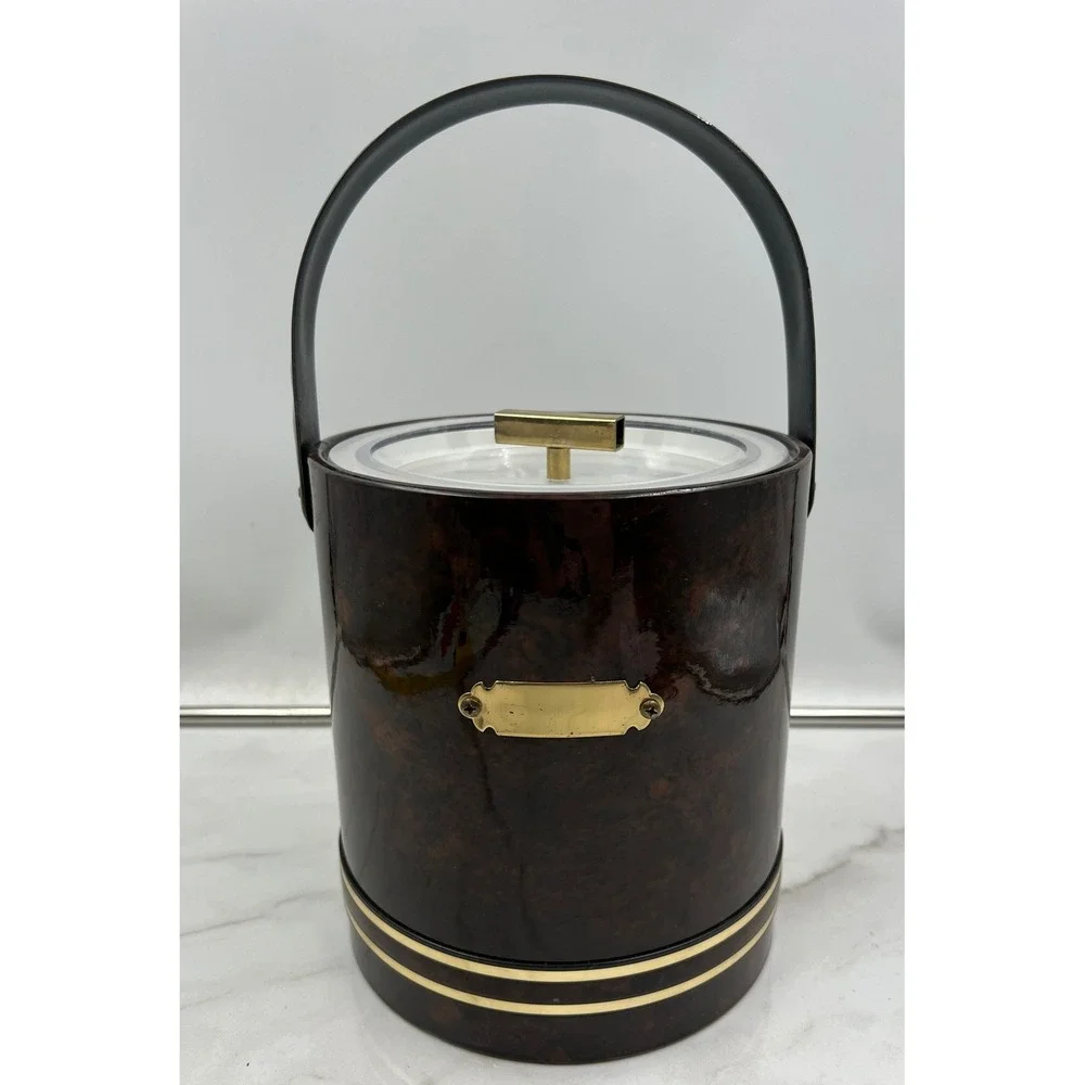 Vintage Faux Tortoise Shell Ice Bucket Gold Trim Mid Century Modern Barware